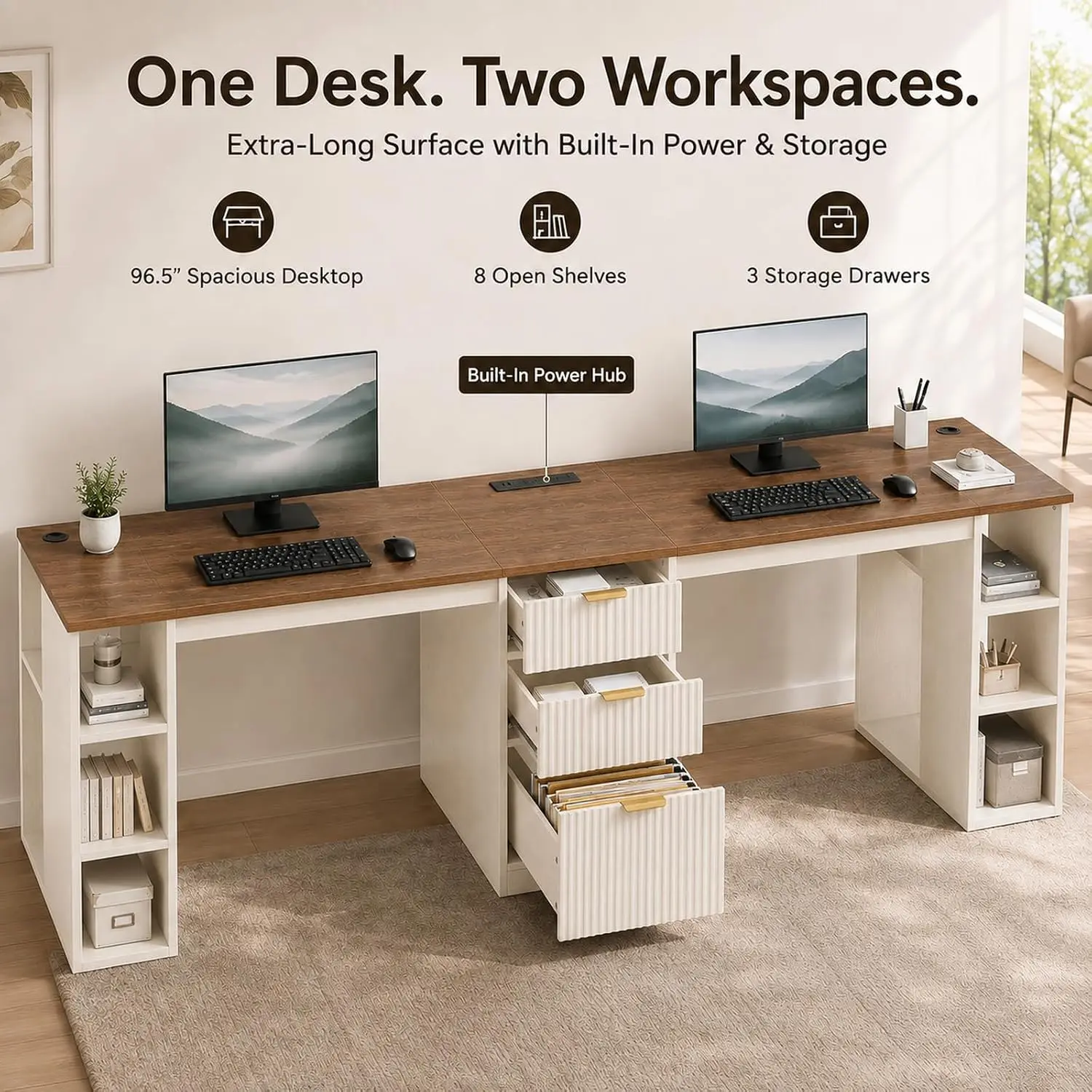 96.5 Inch 2 Person Desk with Power Outlets & USB Ports, Modern Fluted Double Computer Desk with Drawers & Storage Shelves, Extra