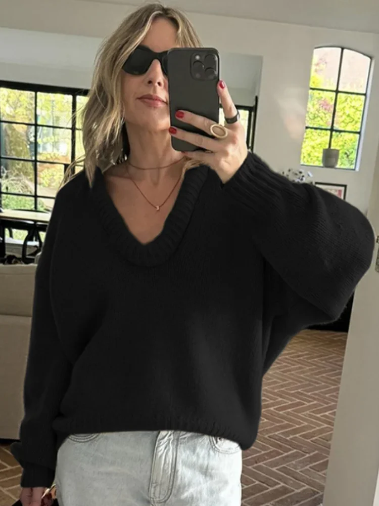 Elegant Deep V-neck Casual Sweater For Women Fashion Solid Loose Long Sleeve Knitted Pullover 2024 New Female Chic Street Jumper