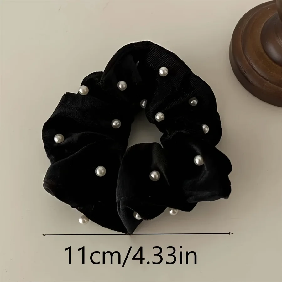 2 Stück französischer Stil, schwarze Satin-Perlen-Plissee-Haargummis, Vintage-elegante Haar-Accessoires, weiche Haarbänder für den täglichen Gebrauch von Frauen – Detail 3