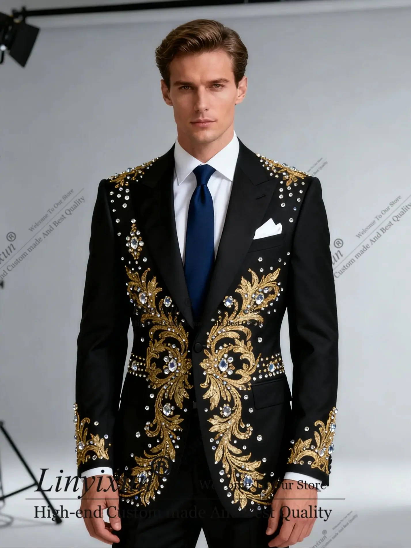 

Embroidery design Embellished Men Suits 2 Pieces Male Party Prom Blazers Customized Groom Peaked Lapel Tuxedos Slim Ropa Hombre