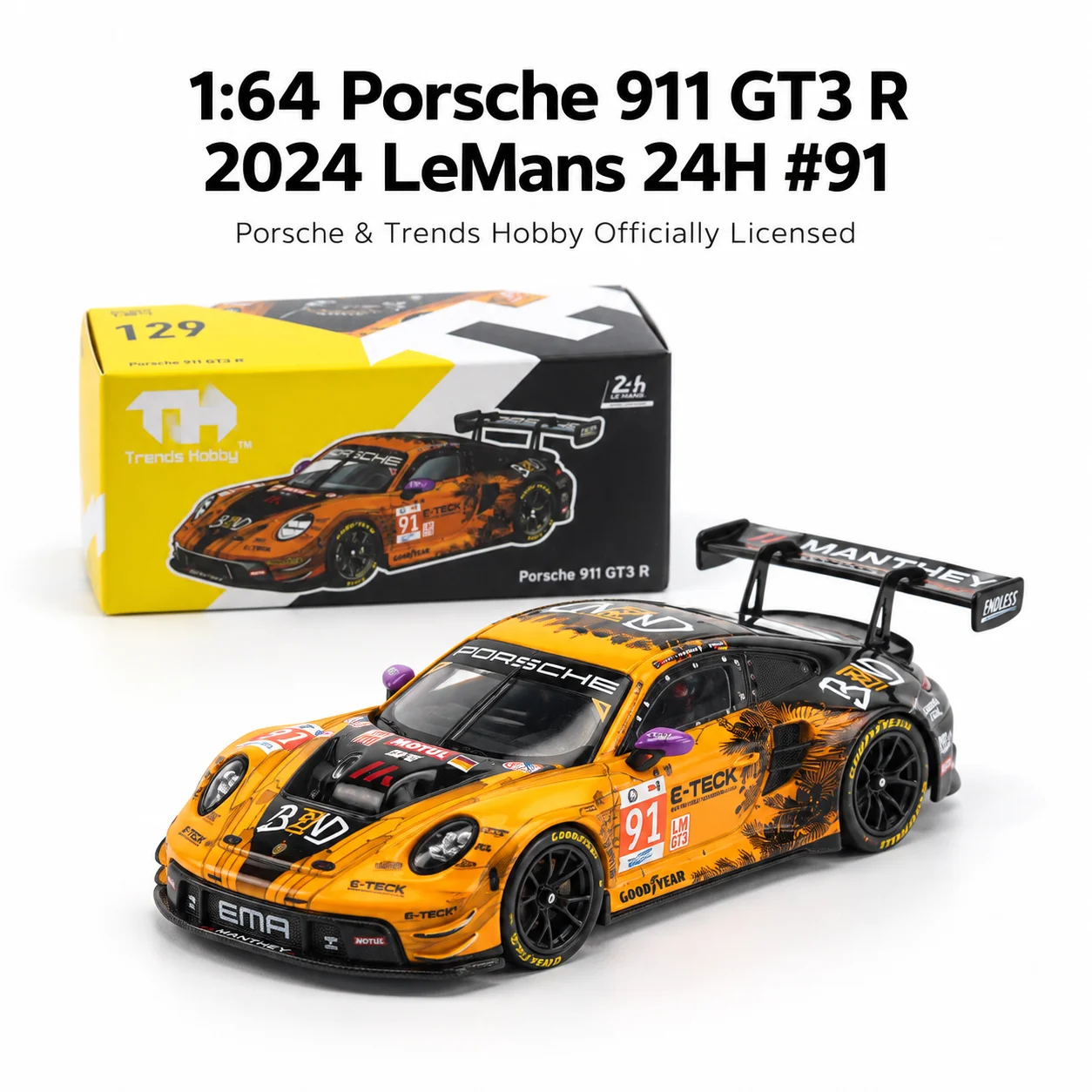 Trends Hobby 1/64 Porsche 911 GT3 R NO.91 2024 LeMans 24H LMGT3 Miniature Model Toy Car Free Wheels Diecast Collection Gift