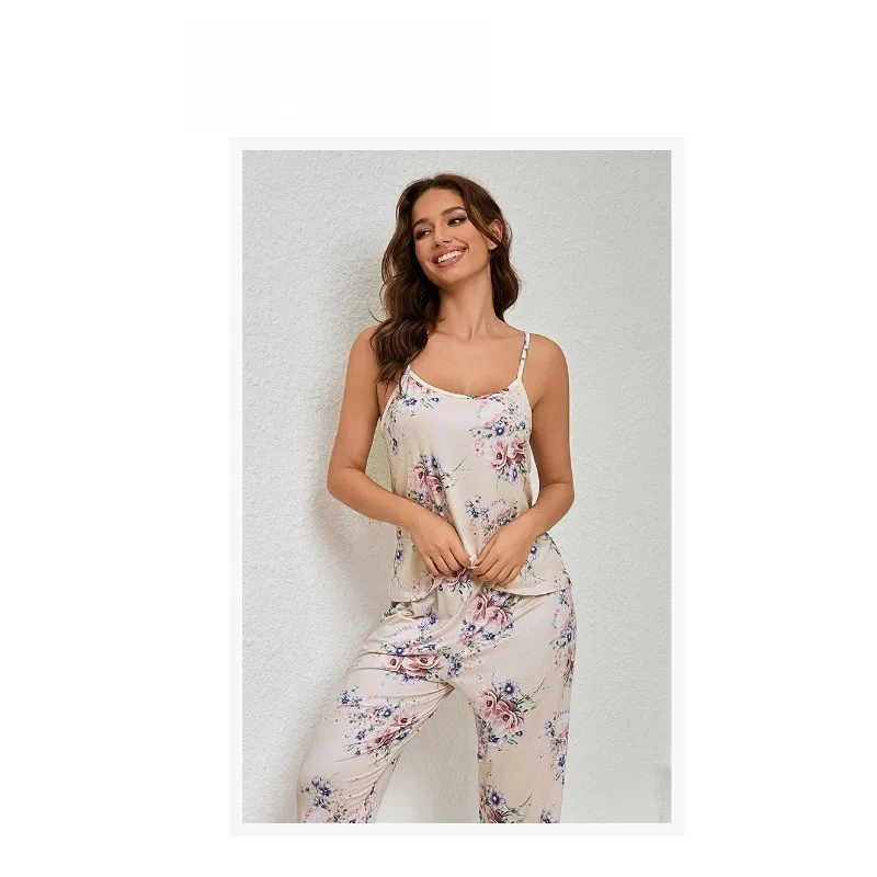 3-teiliges Set Damen Herbst Bedruckter Morgenmantel Trägerhemd Lange Hose Pyjama-Set Loungewear Homewear