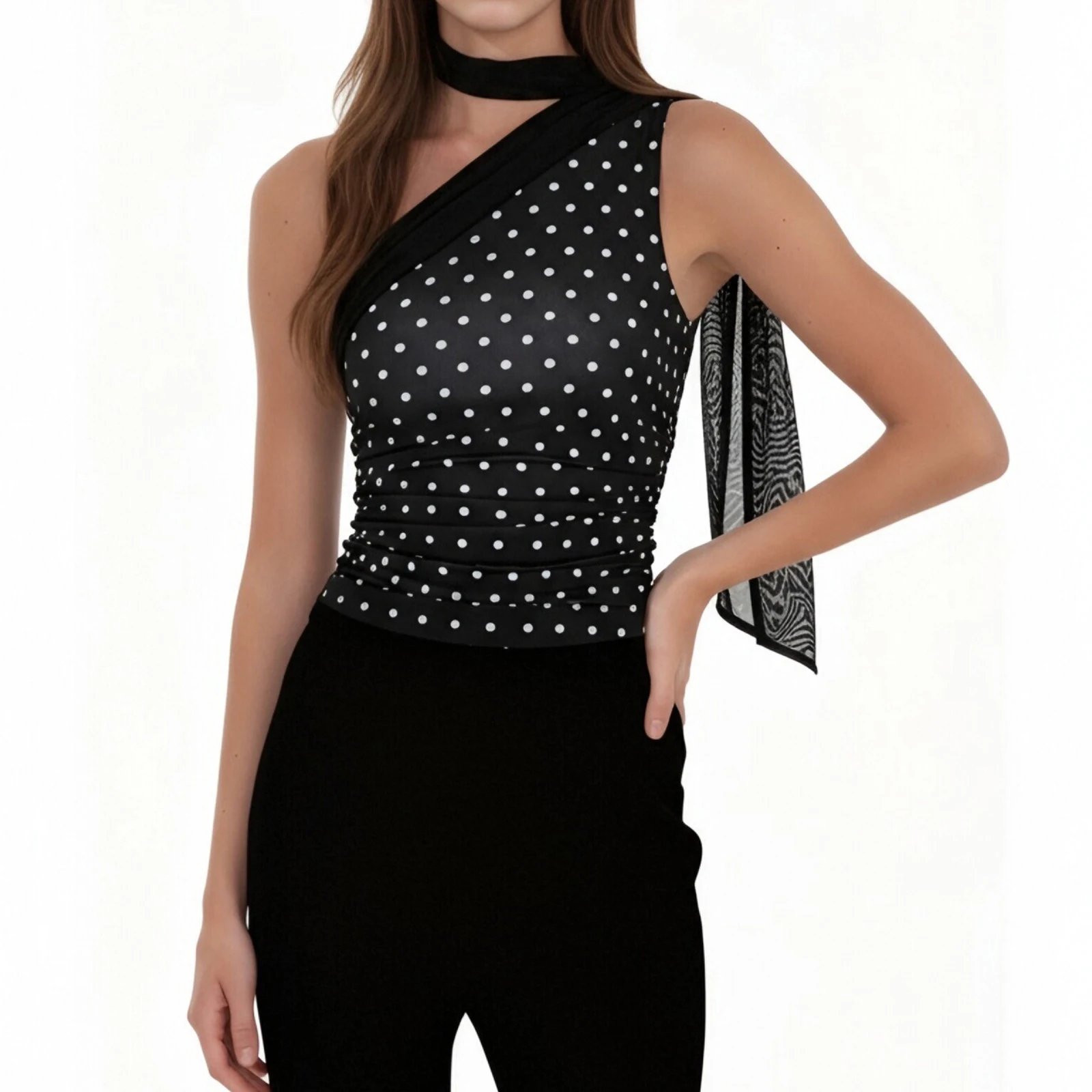 Women's Dot One Should Halter Tank Tops with Scarf Stylish Solid Color Casual Slim Fit Vest for Summer and Spring