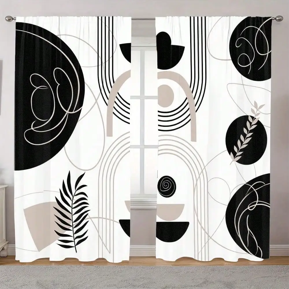 

Set Of 2 Minimalist Abstract Geometric Curtains Featuring Black Designed With Symmetrical Modern Patterns Including Circles