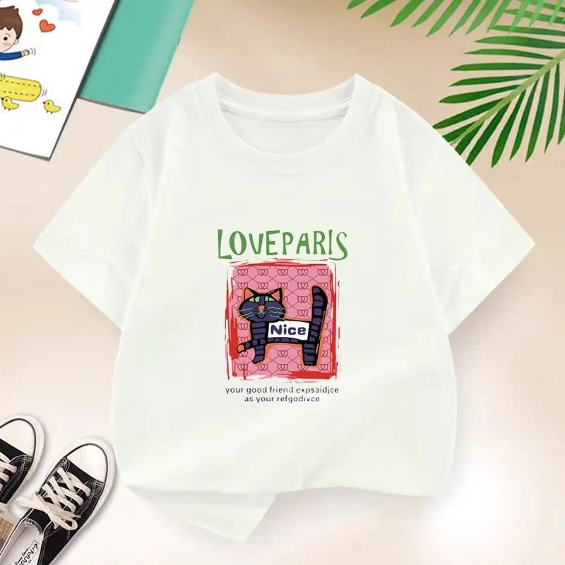 

New 2025 Summer Fashion Children's Love Paris T-shirt Boys T Shirt Girls Clothes Print Cute Cat T Shirts Cartton Kids Clothes