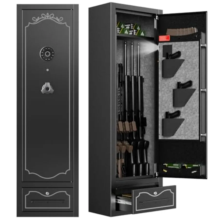 

Сейф для оружия на 8 пистолетов/винтовок для дома: быстрый и легкий доступ, с LED-подсветкой и выдвижным ящиком