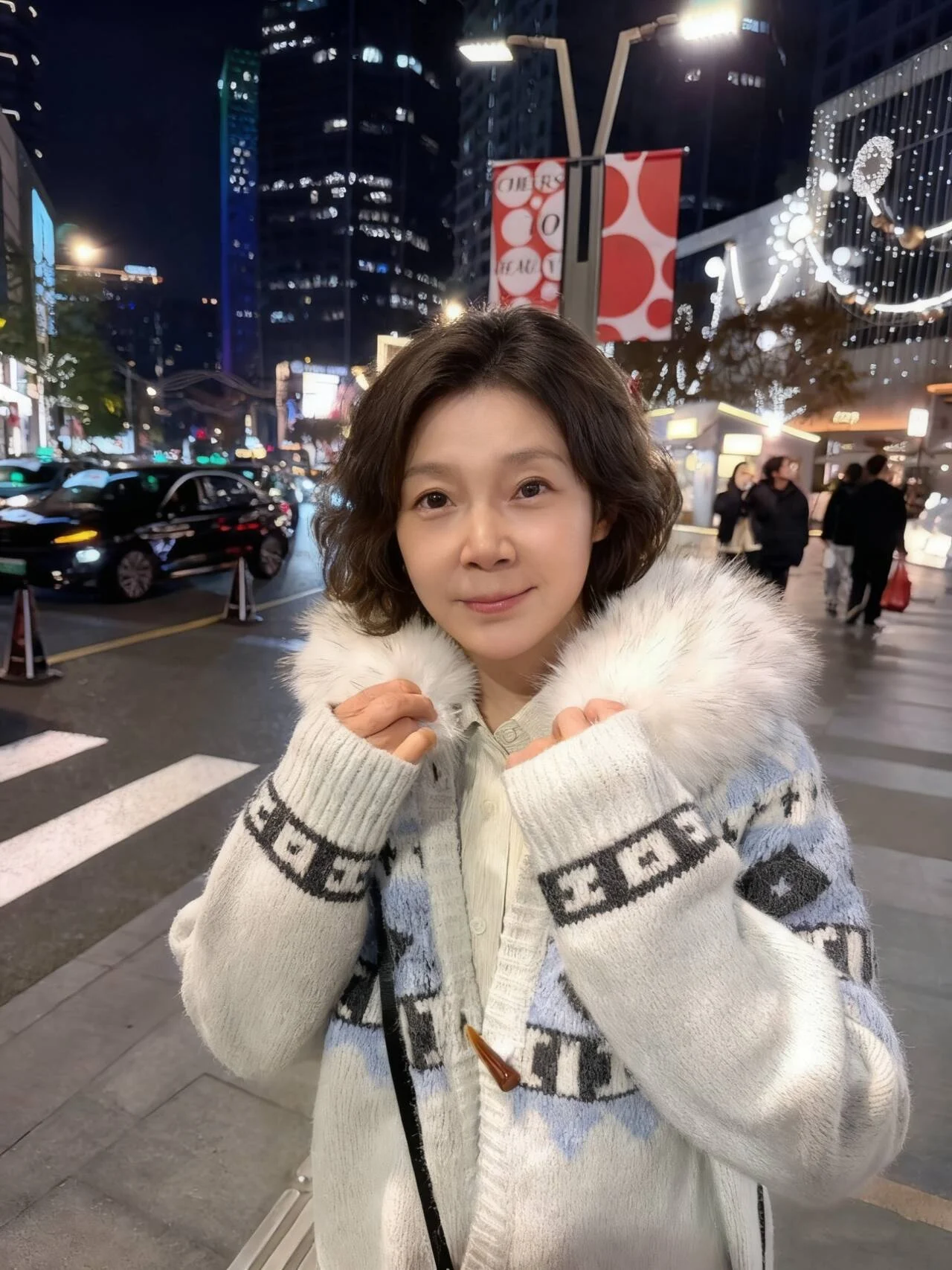 

Утепленный зимний вязаный кардиган с капюшоном и узором Fair Isle для женщин, белый, с большим меховым воротником, свободный крой, длинный рукав