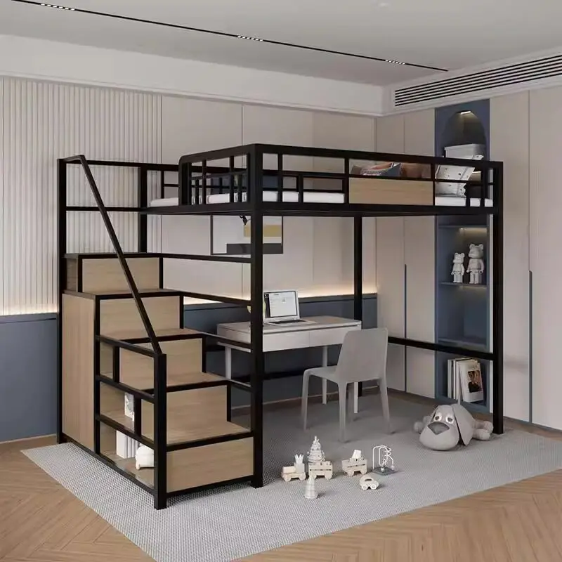 Elevated bed Apartment Under bed Empty ladder Space-saving small apartment Loft rental room Staff dormitory Wrought iron bed