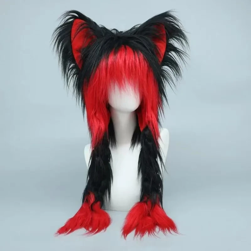 Red black Cosplay Cat Ear Plush Hat With Braided Warm Fluffy Earmuffs And Headwear Anime Accessory Hat