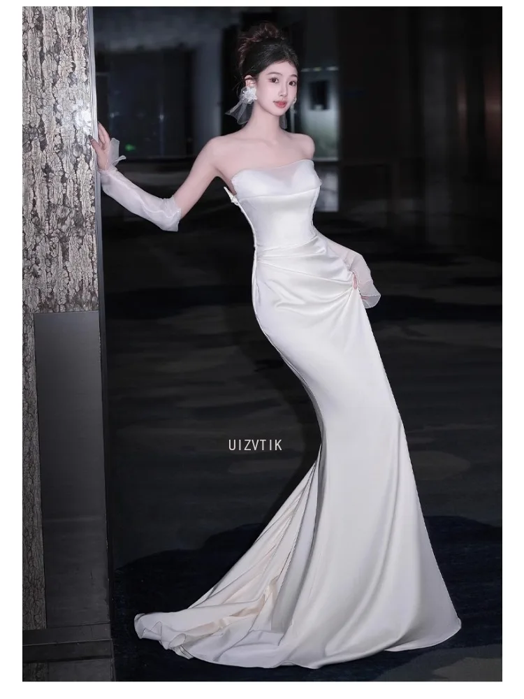 فساتين زفاف طويلة حورية البحر من الساتان للنساء بدون حمالات بطول الأرض فستان زفاف خفيف فاخر فساتين حفلات الزفاف حسب الطلب