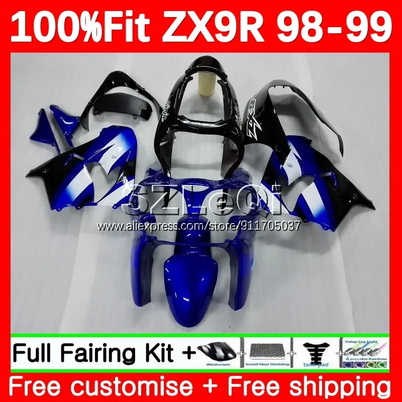 Body + Decal For KAWASAKI NINJA ZX9 ZX 9R 9 R 900 CC ZX9R 98 99 Factory Blue 105No.10 ZX900 ZX-9R 1998 1999 Injection Fairings