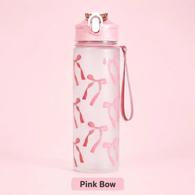 800ML Matte PC Water With Cute Bowknot Pattern Leakproof Includes Straw And Carry Handle Spring-Loaded Lid Bottle