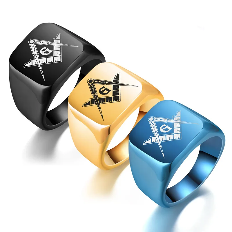 High polished laser lettering freemasonry logo Masonic Ring stainless steel square masonic signet rings jewelry