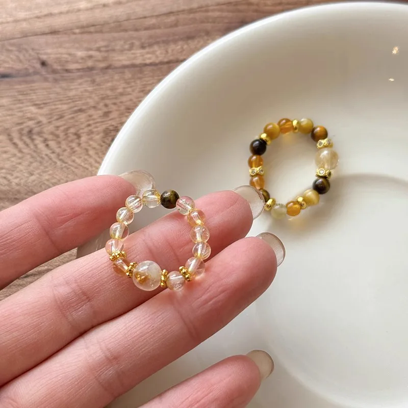 Beaded Ring Golden Rutilated Quartz Zirconia Stackable Index Finger Unique Elegant Premium Lightweight Daily Jewelry Women