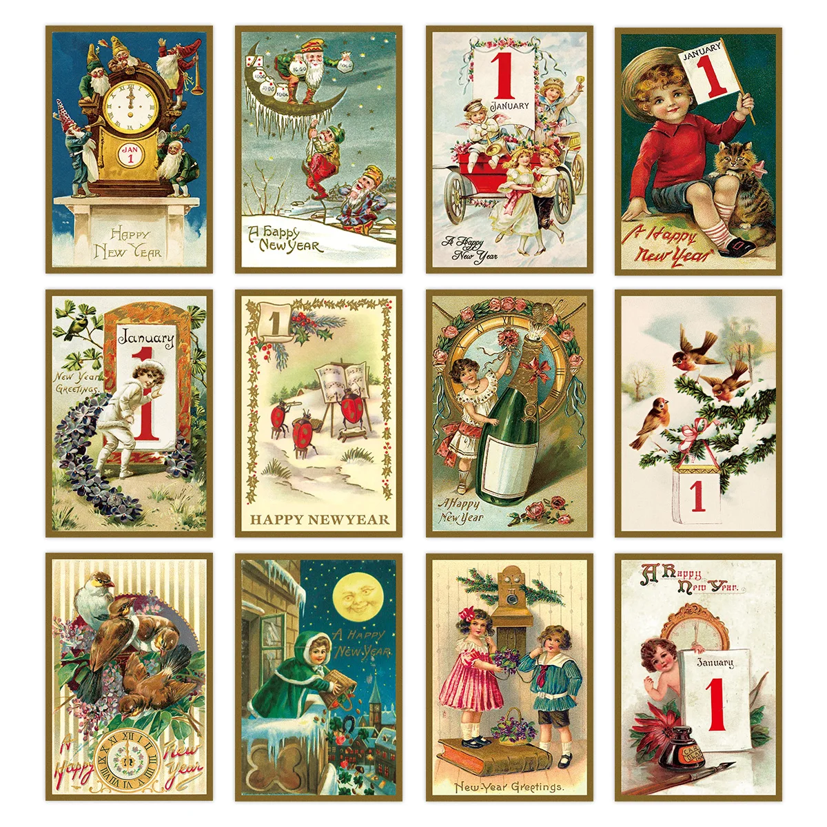 12pc 골동품 새해 복 많이 받으세요 엽서 세트, 아기와 시계가 포함된 빈티지 크리스마스 인사말 카드, 친구와 가족을 위한 휴일 선물