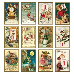 12pc Antique Happy New Year Postcards Set,Vintage Christmas Greeting Card with Baby and Clock,Holiday Gift For Friend and Family