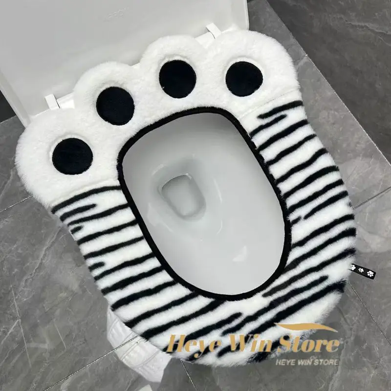 Cute Bear Paw Plush Toilet Cushion Four Seasons Universal Toilet Mat Household Adhesive Toilet Seat Cover for Bathroom Decor