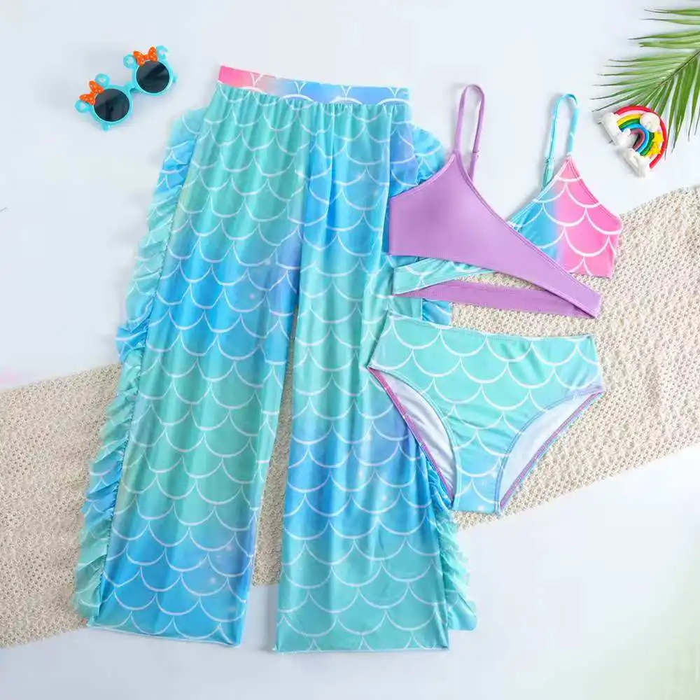 

2026 Padded Girls Swimsuit 3 Pieces Bikini & Ruffle Trousers Kids Swimwear Female Children's Bathers Bathing Swimming Swim Suit