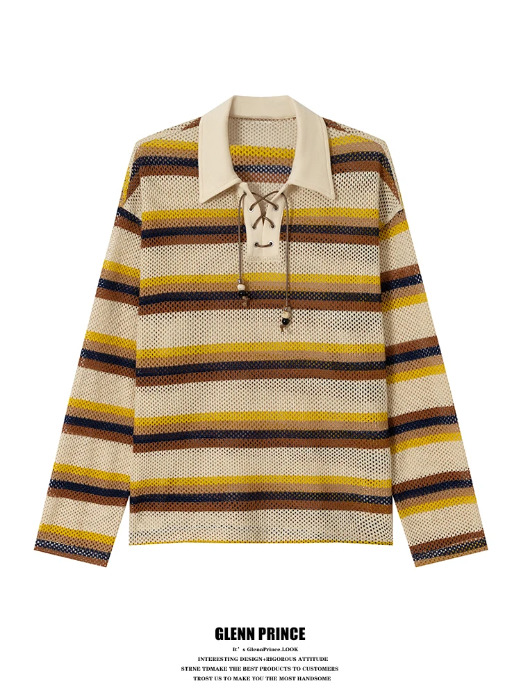 

Мужской свитер GPstudio: свободный крой, вязаный, с ажурным узором, модный, в полоску, повседневный, комфортный, весенний, из хлопка