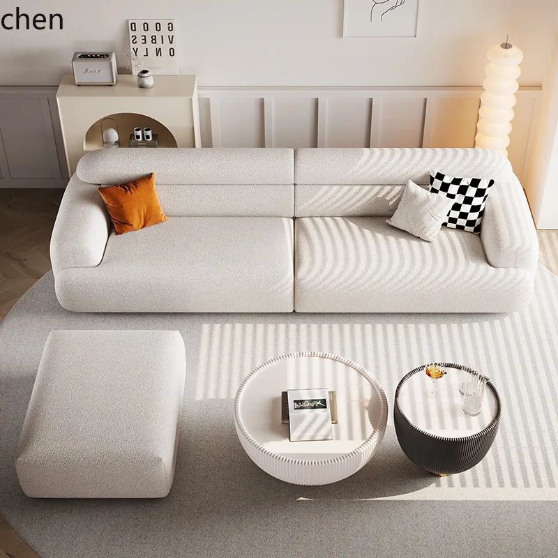 HT Fabric Sofa Living Room Lamb Wool Cream Style Sofa Straight Row Modular Toast