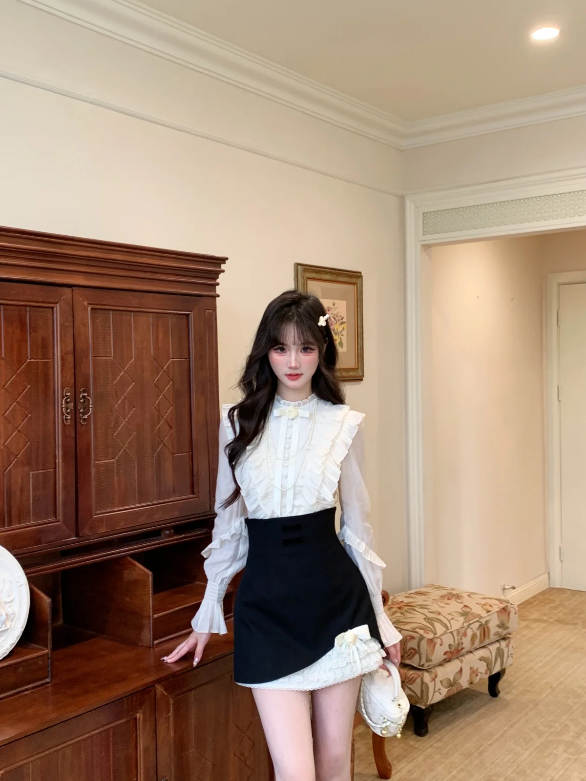 

Ele Miss Laolla High Waist irt And Skirt Set Korean Sle Women's Faion Two-Piece Suit Daily Wear Polyester Nylon