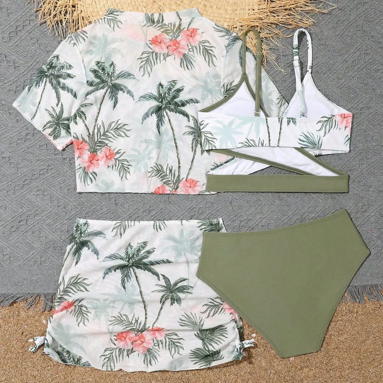 Girls 4pack Coconut Palm Print Bikini Sets with Beach Skirt&Short Sleeve Crop Top Swimsuit Kids 7-12 Years Children's Swimwear