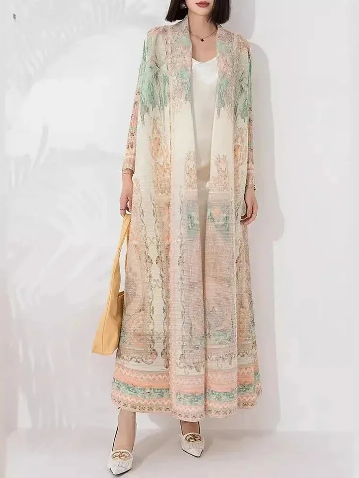 

Printed Pleated Cardigan For Women Long Sleeves Loose Big Size Female Vintage High End Windbreaker 2025 Spring