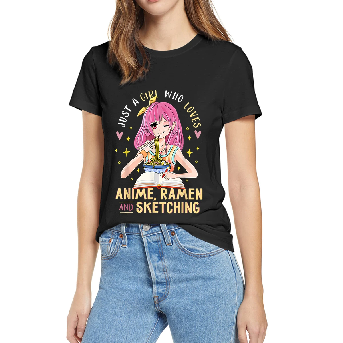 

100% Cotton Just A Girl Who Loves Anime Ramen And Sketching Girl Anime Harajuku Summer Women Casual Novelty T-Shirt Tee
