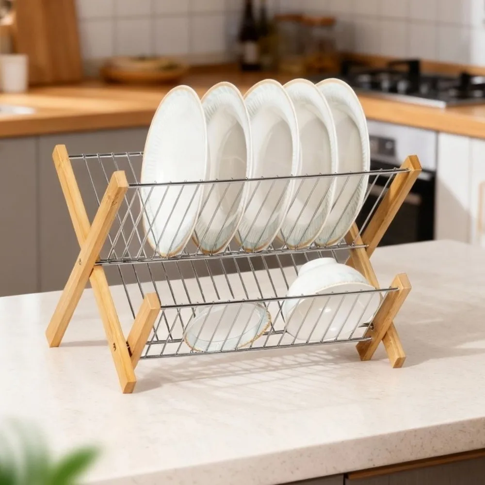 New Bamboo Foldable Dish Rack Multi-layer Foldable Dish Storage Rack Space-saving Bamboo Drain Rack For Kitchen