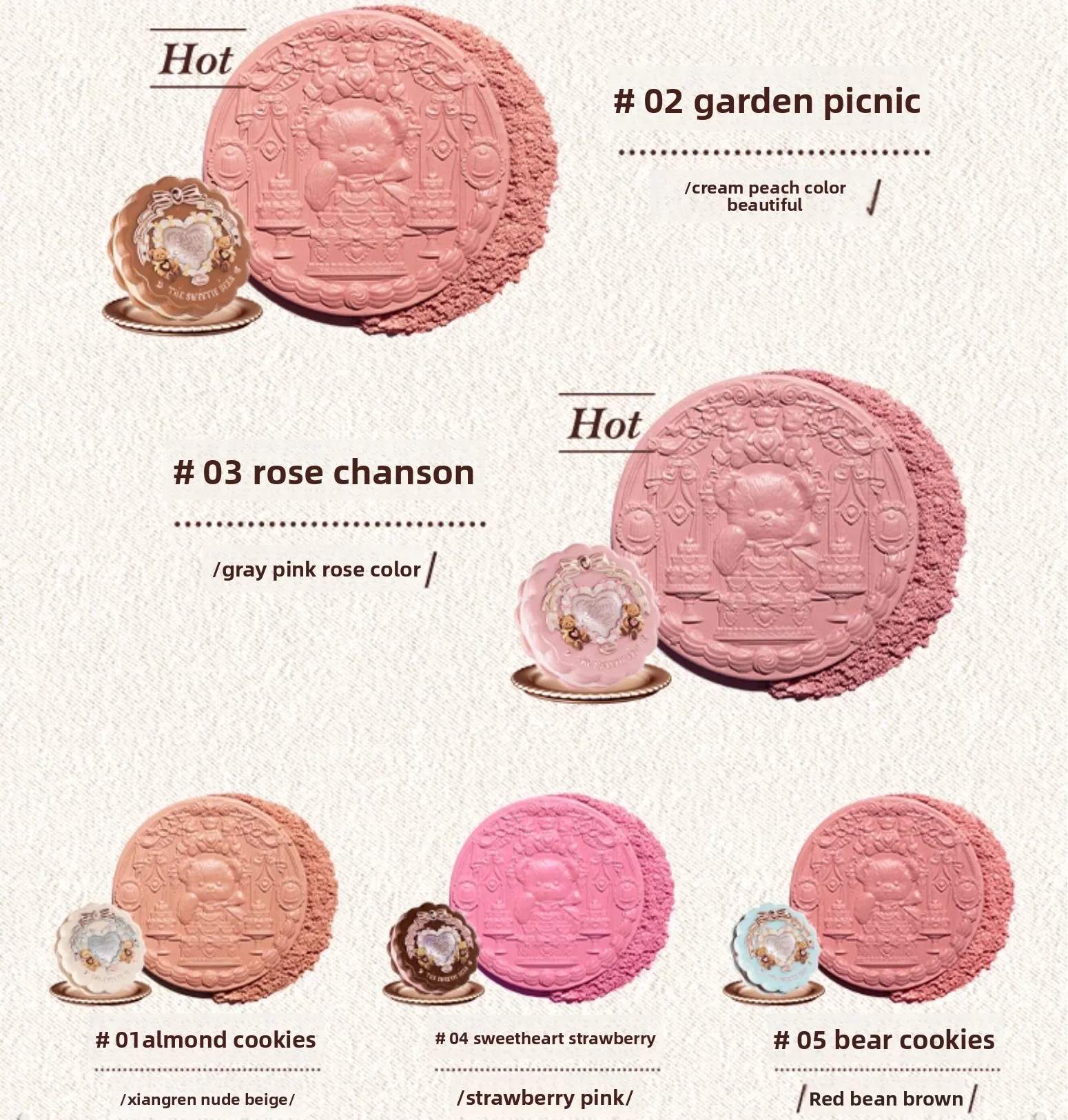 Flower Knows Sweetie Bear Collection Dames Satijn Reliëf Blush Zacht Licht Heldere Kleur Gezichtsmake-up Schoonheid Cosmetisch