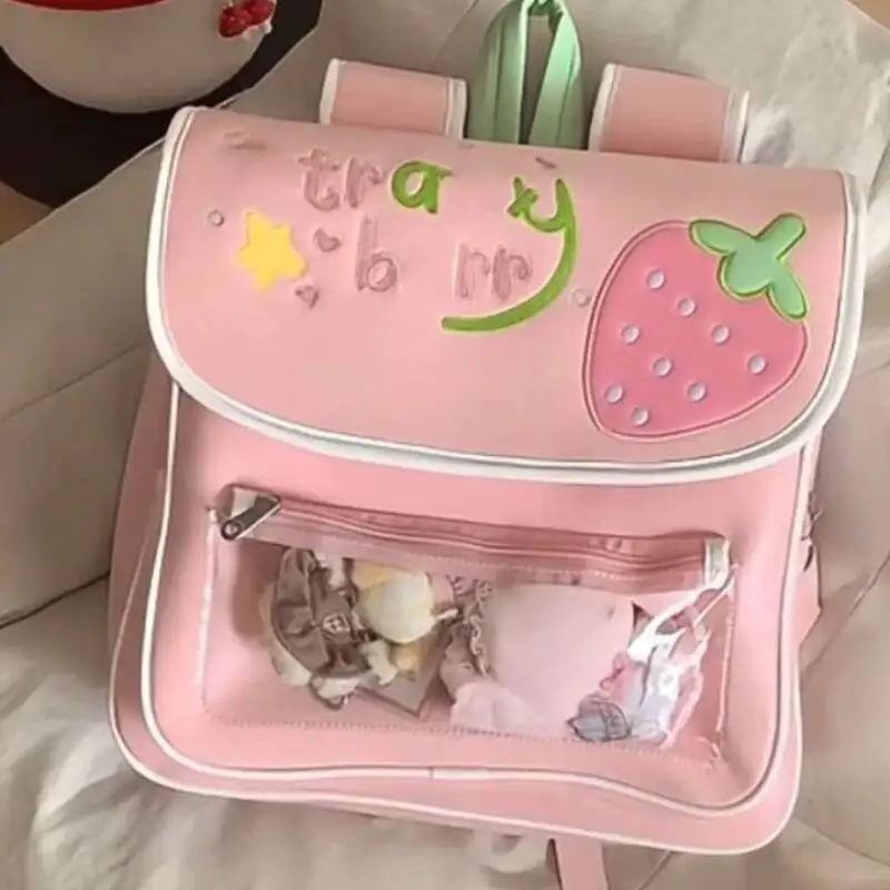 Japanese Women Kawaii Strawberry Ita Bags Sweet Cute Girls Preppy Schoolbags Transparent Chic Casual Ins Backpacks Y2k Aesthetic