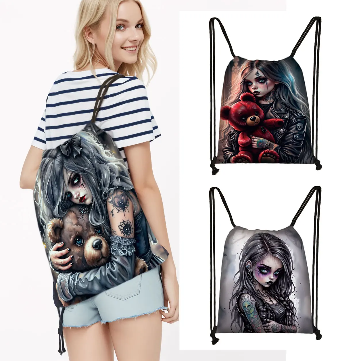 

Cartoon Gothic Girl and Bear Doll Print Drawstring Bag Goth Girl Women Shoes Storage Bags Book Bag for Travel Shoes Holder