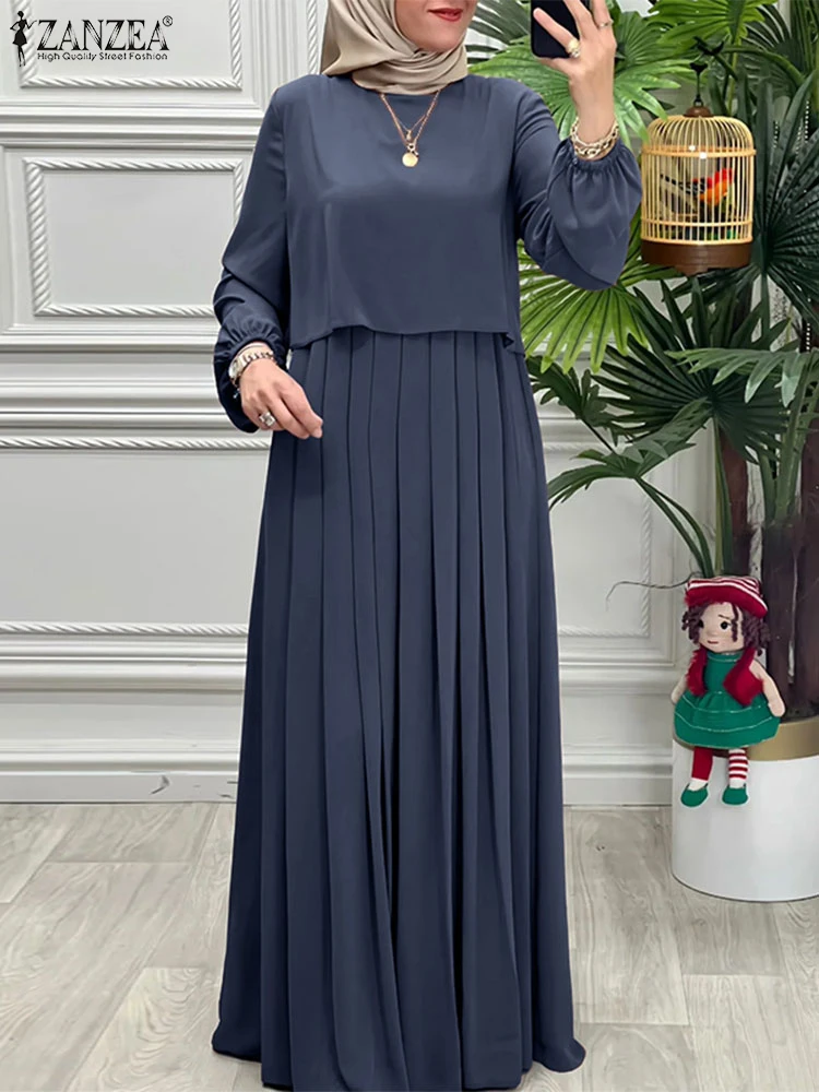 Women Autumn Patchwork Dresses 2025 ZANZEA Muslim Abaya Robe Femme Elegant Long Sleeve Solid Pleated Sundress IsIamic Clothing