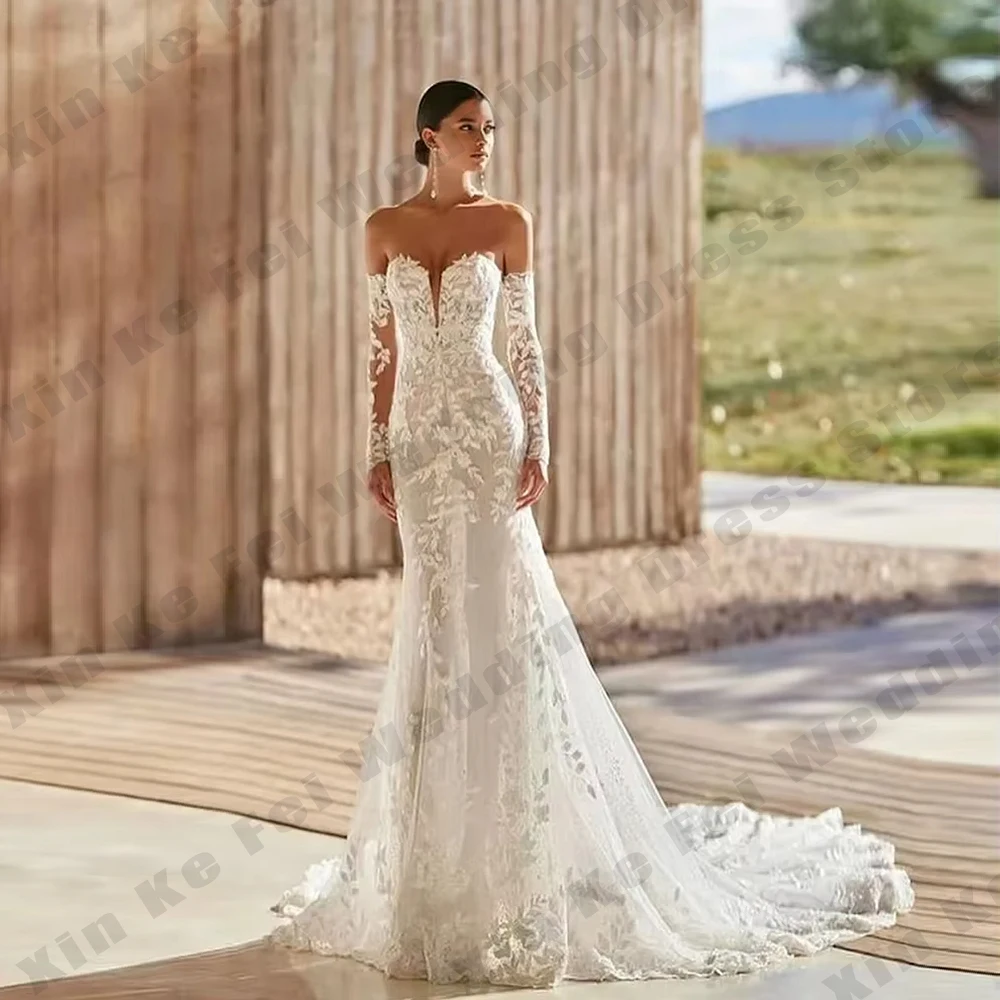 

Gorgeous Women's Wedding Dresses Elegant Mermaid Detachable Sleeves Lace Princess Bridal Gowns Formal Beach Party Customized