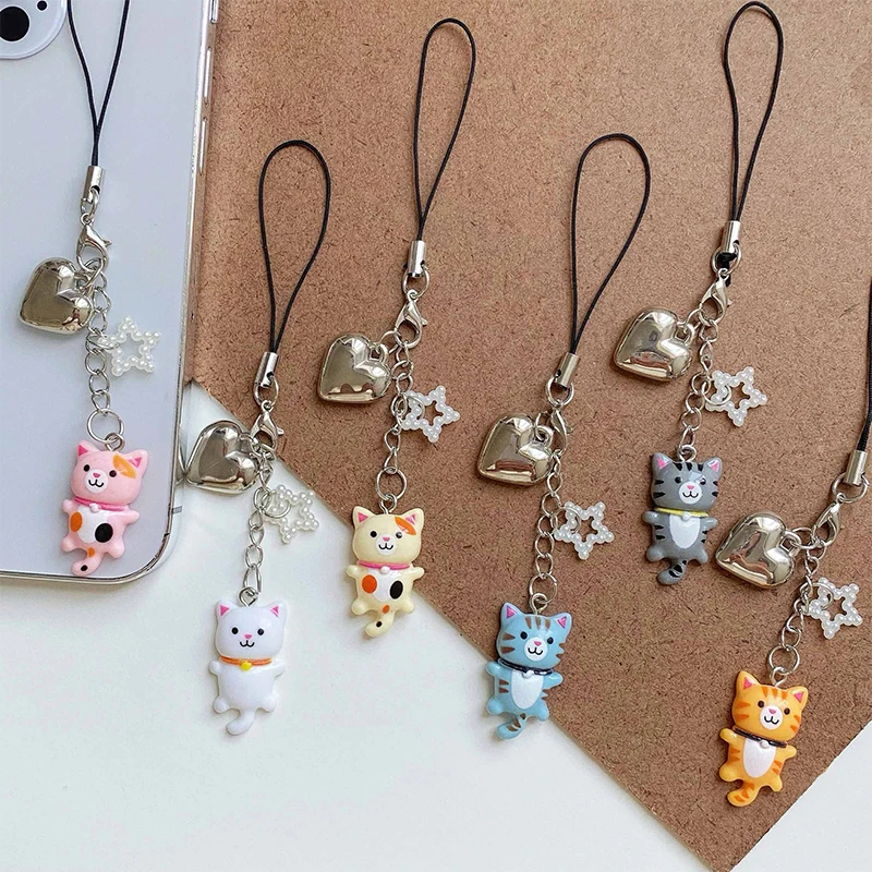 Kawaii Kitten Phone Lanyard Cute Cartoon Star Cat Phone Chain Keychain Pendant Girls Earphone Case Phone Charm Couple Gift