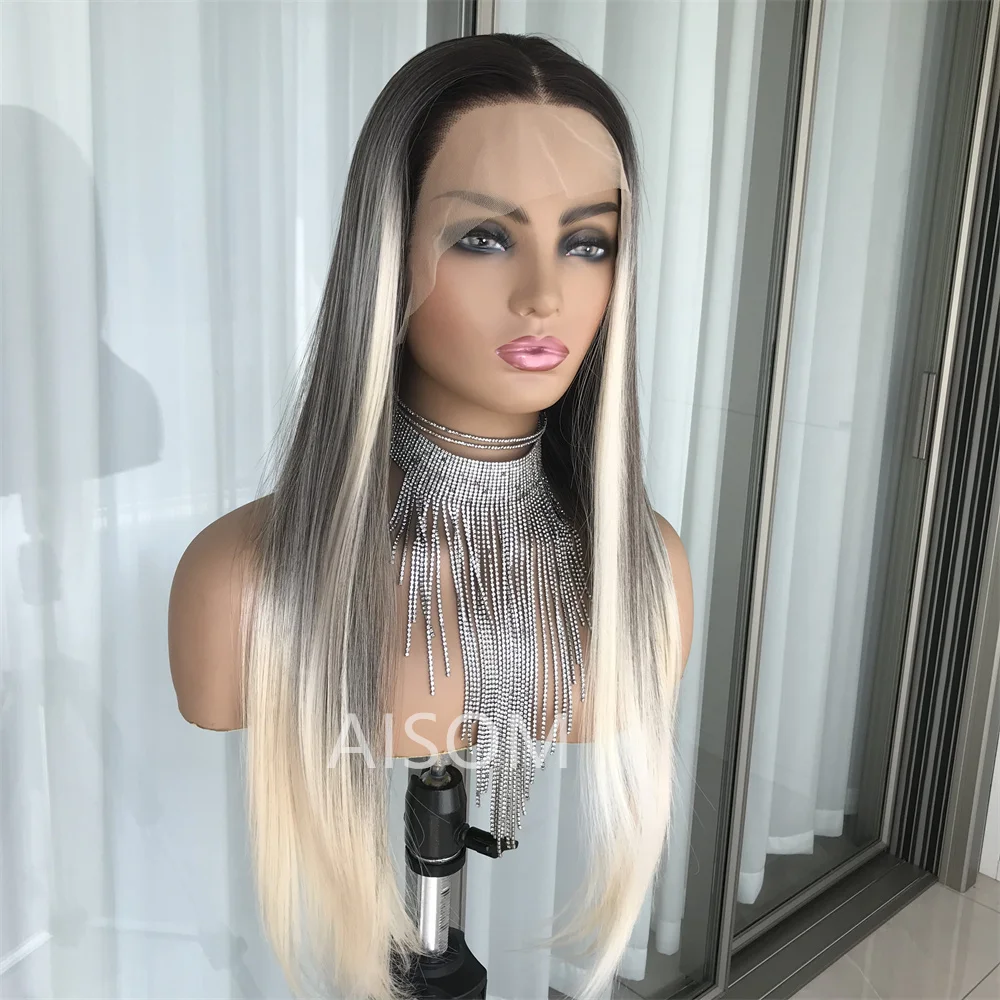 Braune Mischung blonde synthetische Spitze Perücken aisom gerade 13x4 Spitze Frontal Haar Perücken mit vor gezupften Haaransatz Faser Perücken für