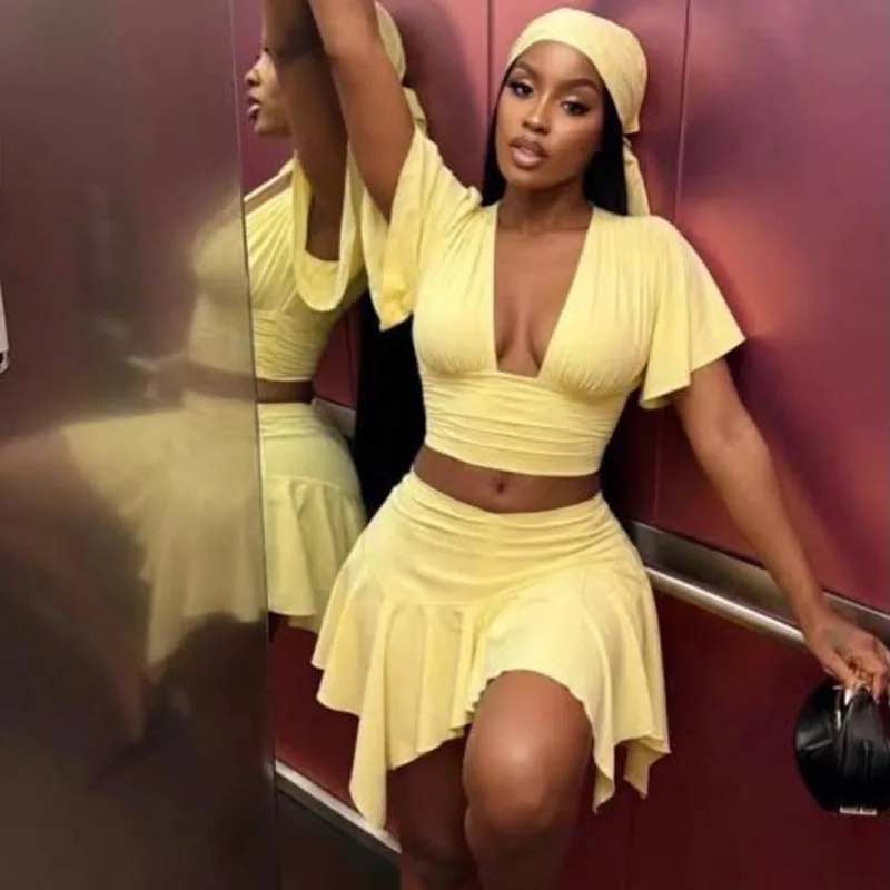 Women Fashion Solid 2 Piece Set Sexy V Neck Half Sleeve Backless Ruched T-shirts Crop Tops + Skinny Calf Length Pants Suits