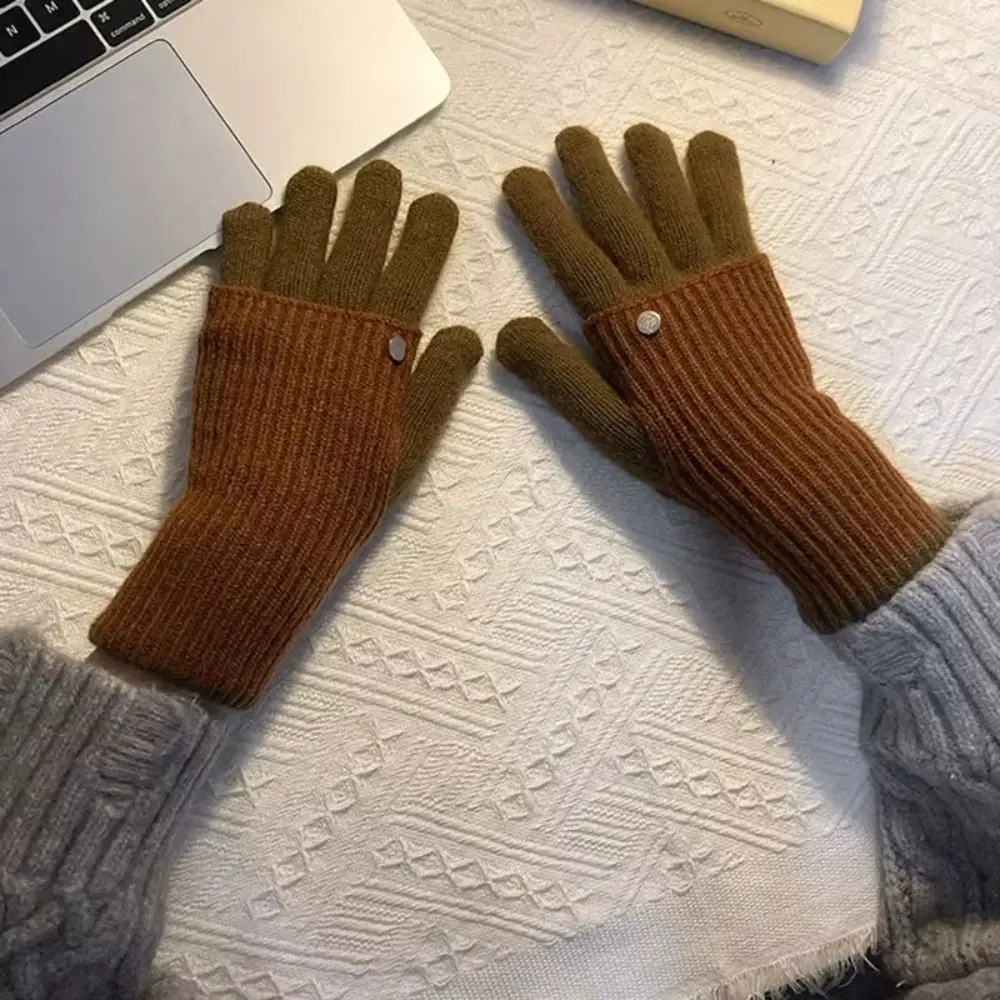 Casual Warm Color Blocked Knitted Gloves Dual-purpose Open-Finger Winter Women Gloves Soft Thicken Arm Cover Cycling