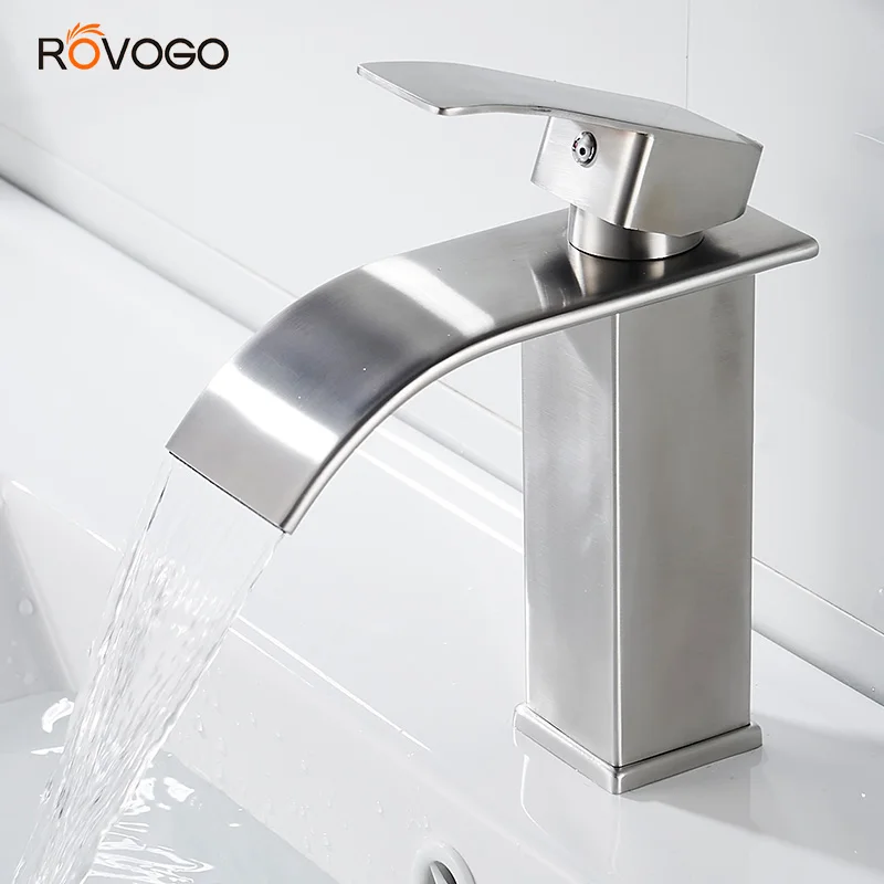 ROVOGO Waterfall Bathroom Faucet,Single Handle Bathroom Vanity Sink Faucet, Lavatory Vessel Faucet Basin Mixer Tap, Brushed Nick