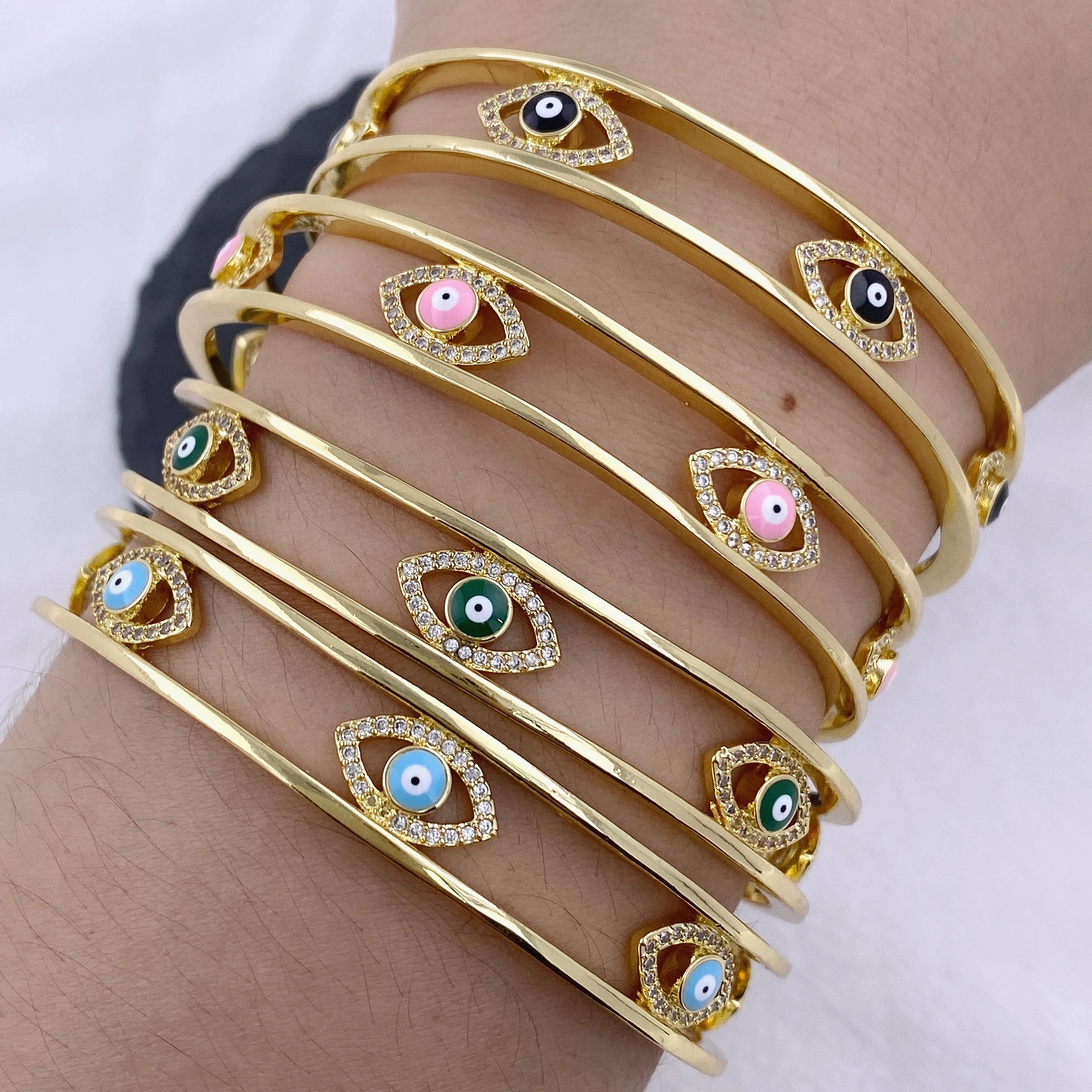 Two Layered Round Inlaid Bling Bling CZ Crystal Multi Color Turkish Evil Eyes Cuff Bracelets Bangle Amulet Jewelry Gifts