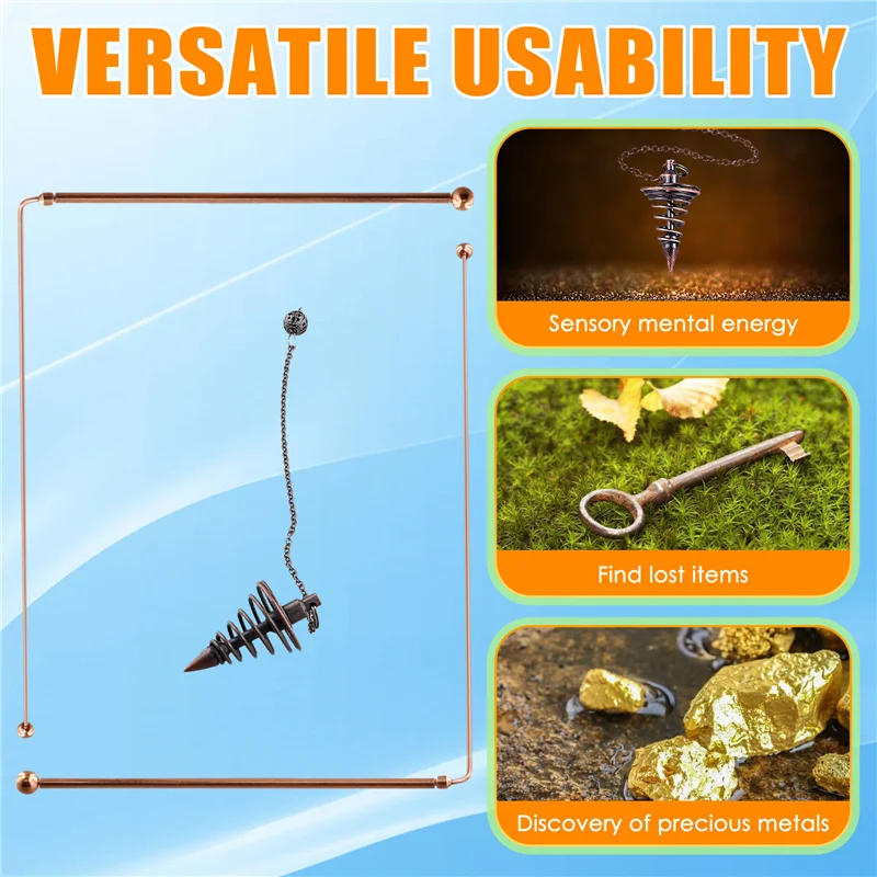 FULL-Copper Dowsing Rods - 99.9% Pure Copper 2PCS Divining Rods Energy Water Witching Detector With Pendulum Pendant