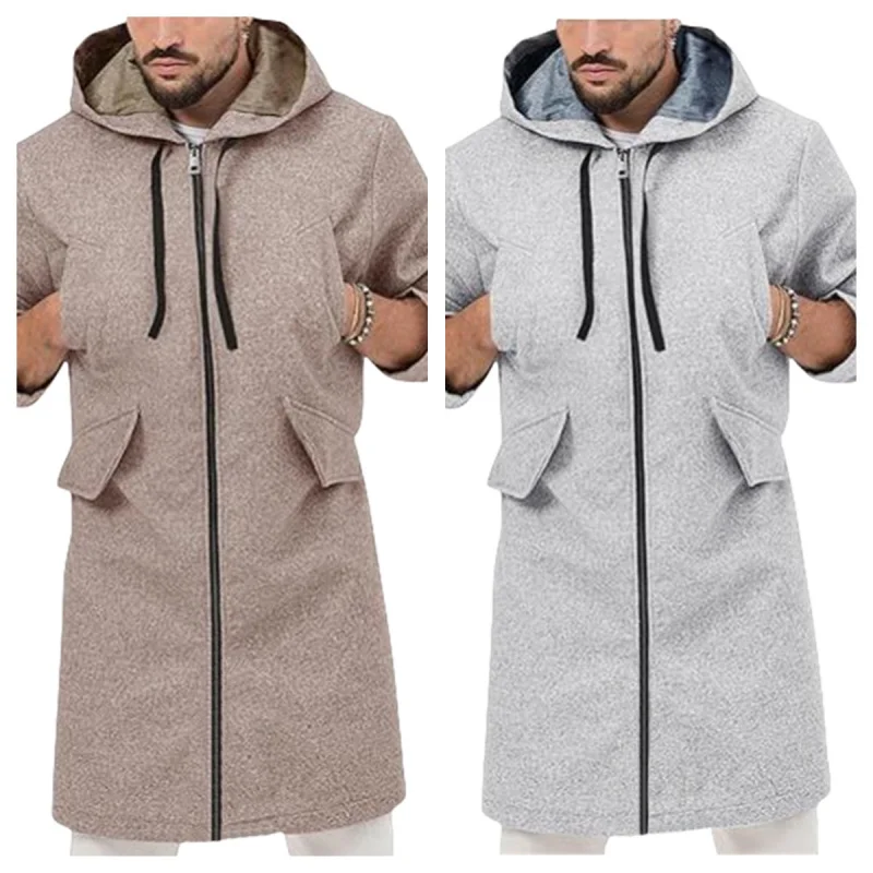 In Stock European Version24New Woolen Men's Cardigan Coat-Pocket Hooded Jacket with Zipper