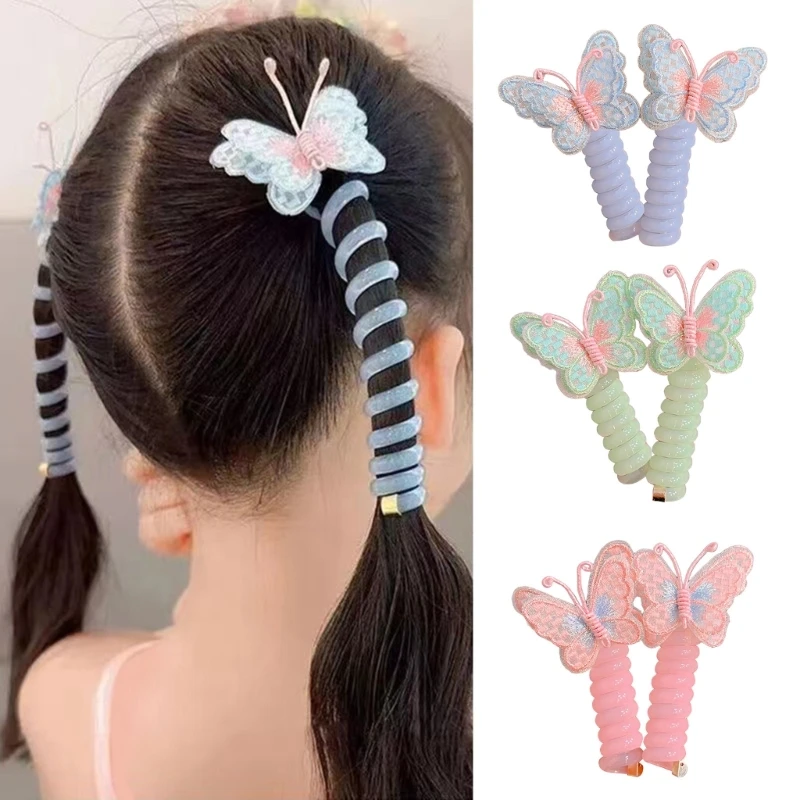 Embroidery Butterfly Cord Hair Tie for Girl No Crease Cord Hair Tie Ponytail Holder Elastic Traceless Hair Bands 2PCS X90C