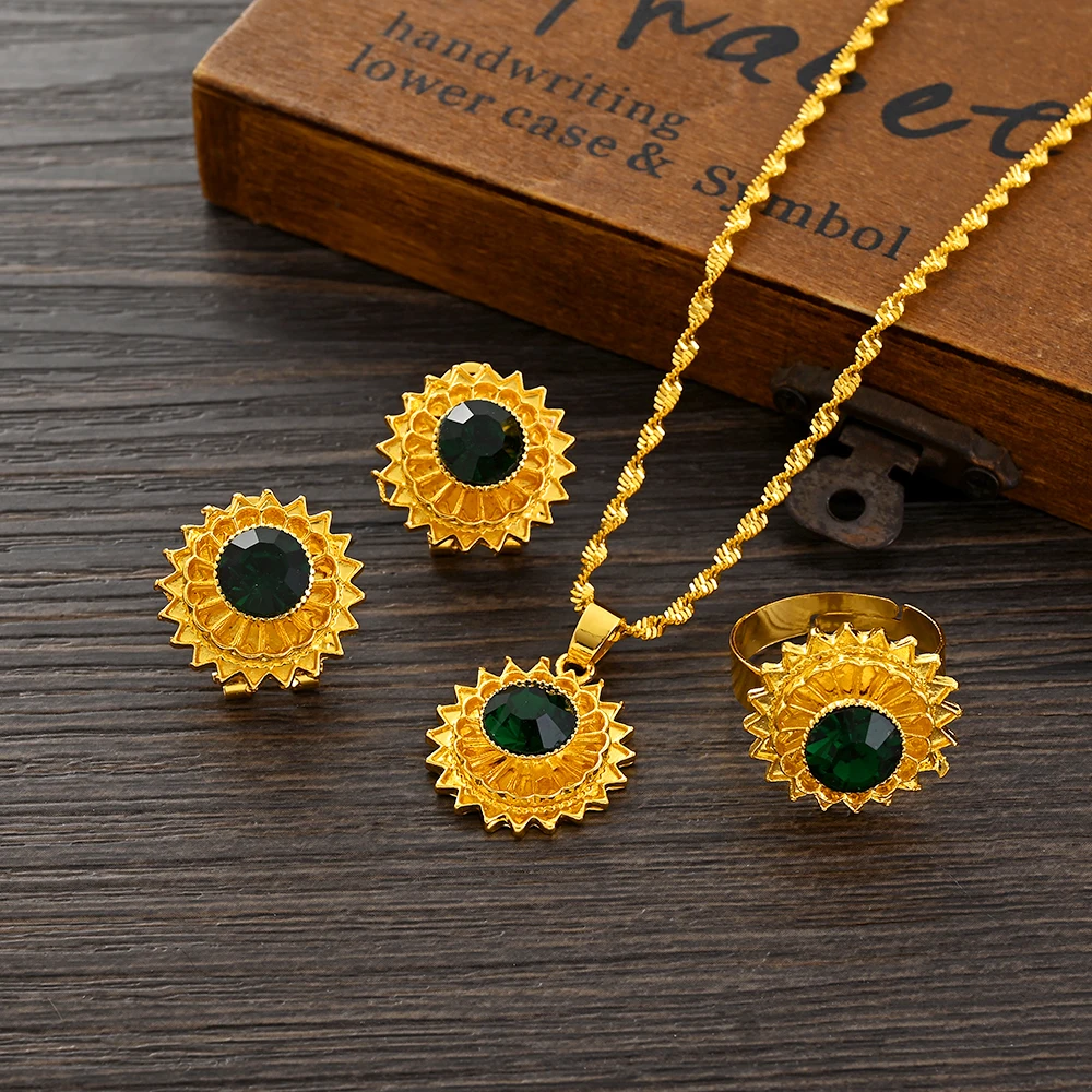 Dark Green CZ Stone Gold Color Ethiopian Jewelry Set  Necklace Earring  Ring Eritrean Wedding Paday Gifts