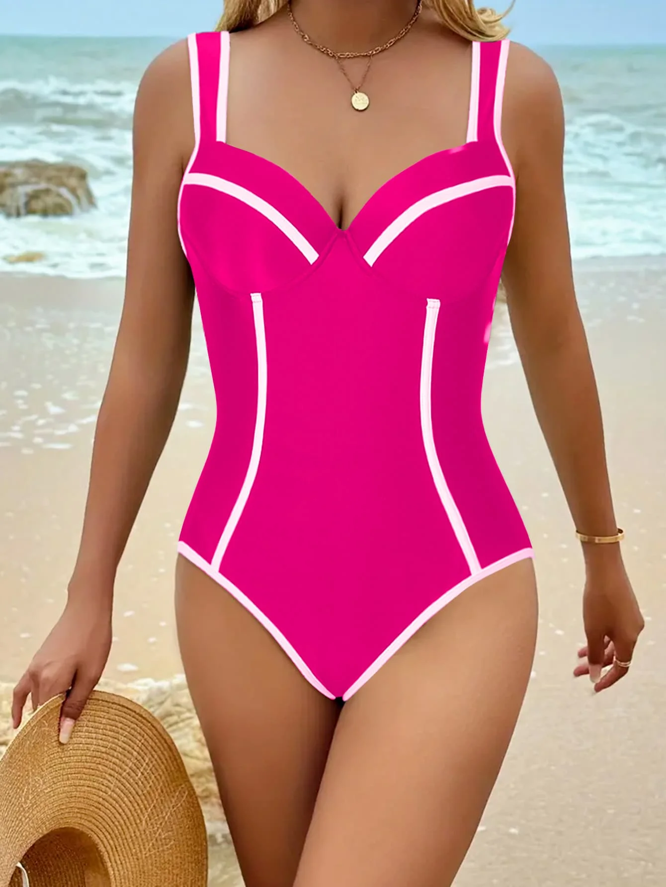 2025 새로운 원피스 하이 웨이스트 여성 수영복 섹시한 솔리드 컬러 블랙 화이트 스플 라이스 수영복 비치 수영복 수영복