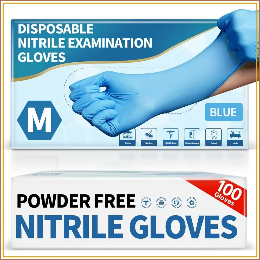 4 Mil Blue Nitrile Disposable Exam Gloves, 100 Pcs Powder-Free Latex-Free Food Safe for Lab Cooking Cleaning