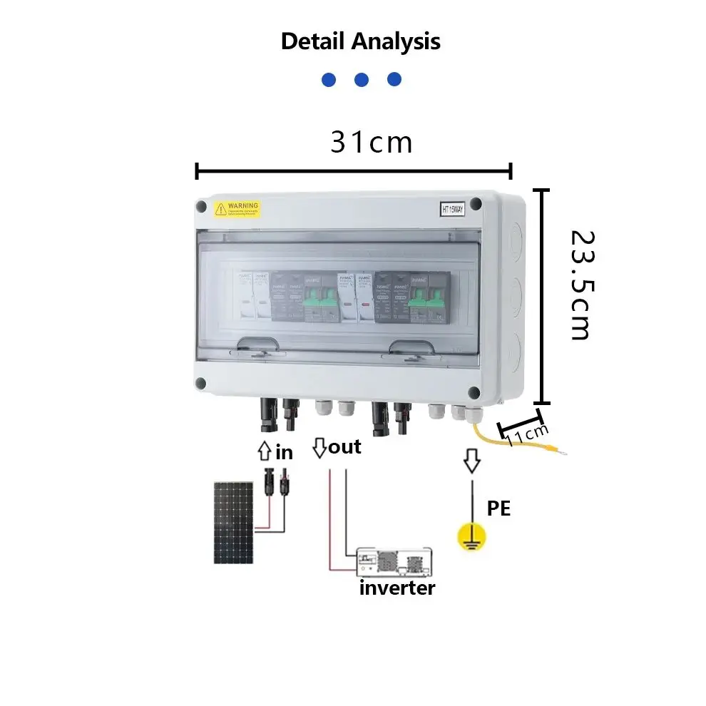 2 In 2 Out DC600V Solar PV Combiner Box, IP65 Waterproof, Lightning Protection, 32A Fuse, MCB SPD, Photovoltaic Distribution Box view 3