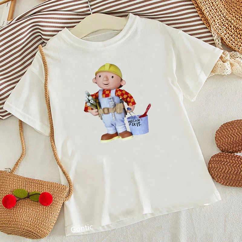 Baby Boy T-shirt Cartoon Bob The Builder T Shirt Children's Clothes Summer Top Kids White Casual Short Sleeve Tshirts for 2-13 Y