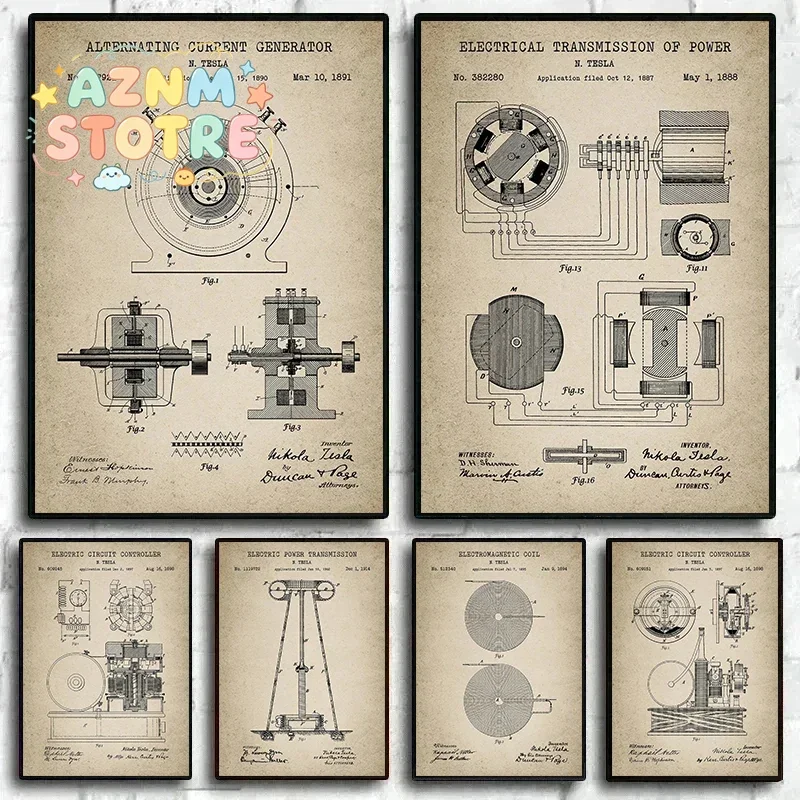 Vintage Tesla Electrical Patent Posters Prints Canvas Painting Wall Art Picture for Office Home Decor Electrical Engineer Gif