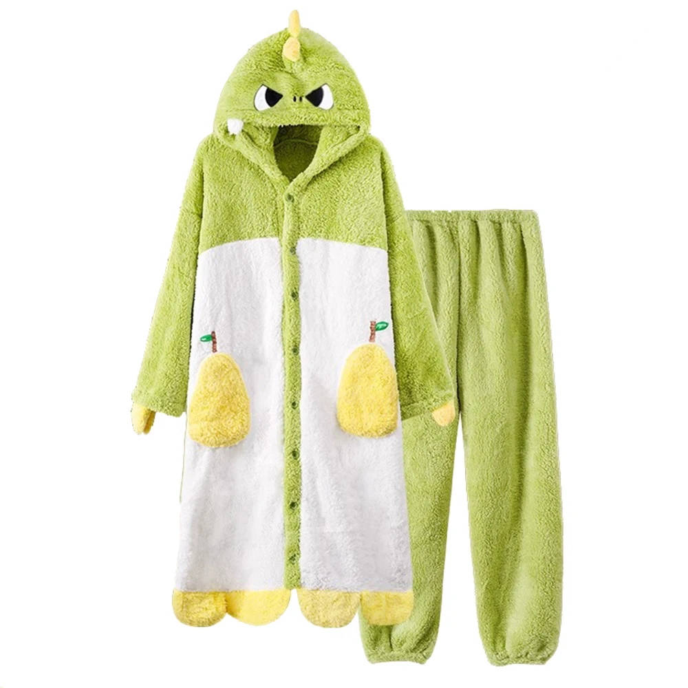 Winter Ladies Flannel Nightgown With Trousers Two Pieces Warm Pyjamas Set Green Dinosaur Hooded Nightdress Set Pajama 2 PCS Set